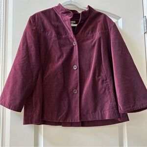 NWOT J. Jill purple maroon velvet velour 3/4 length sleeve A Line jacket. Regal